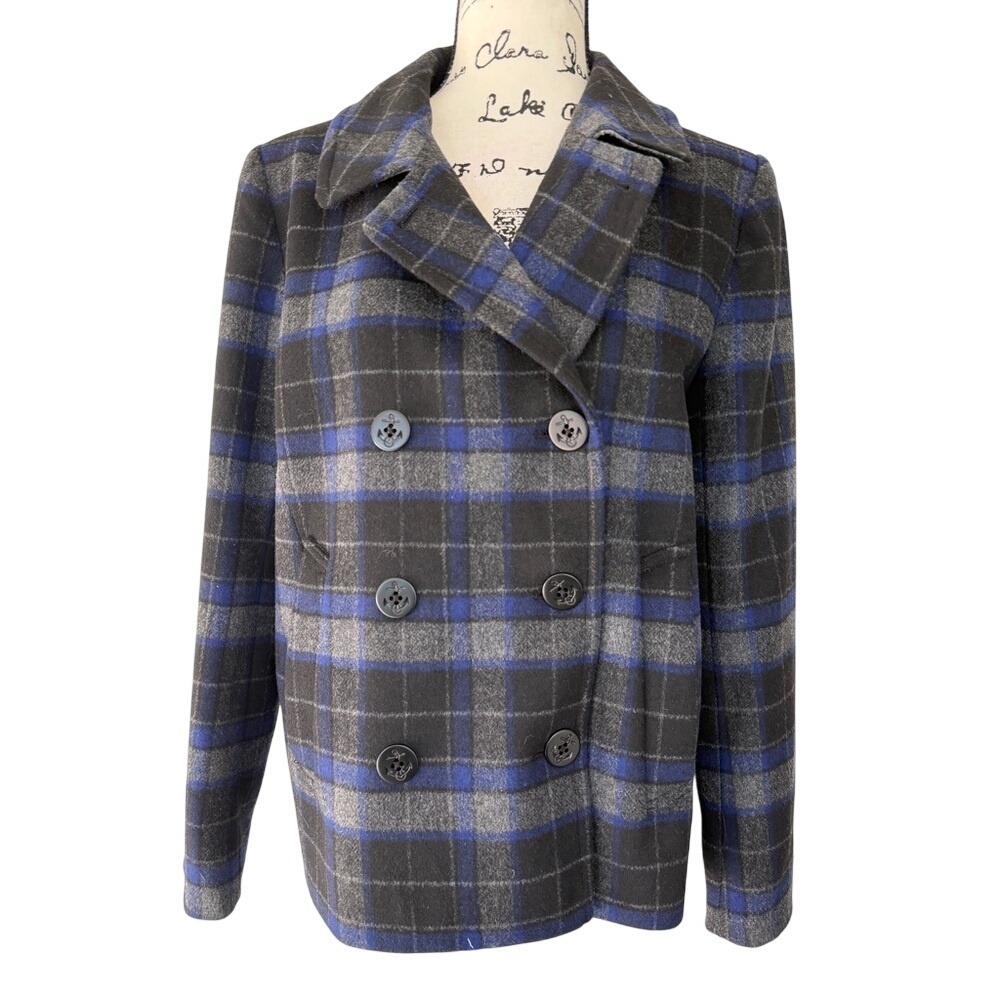 J.Crew Blue Grey Plaid‎ Wool Blend Pea Coat Jacket E2645 Size 8 Dark Academia - Picture 2 of 16